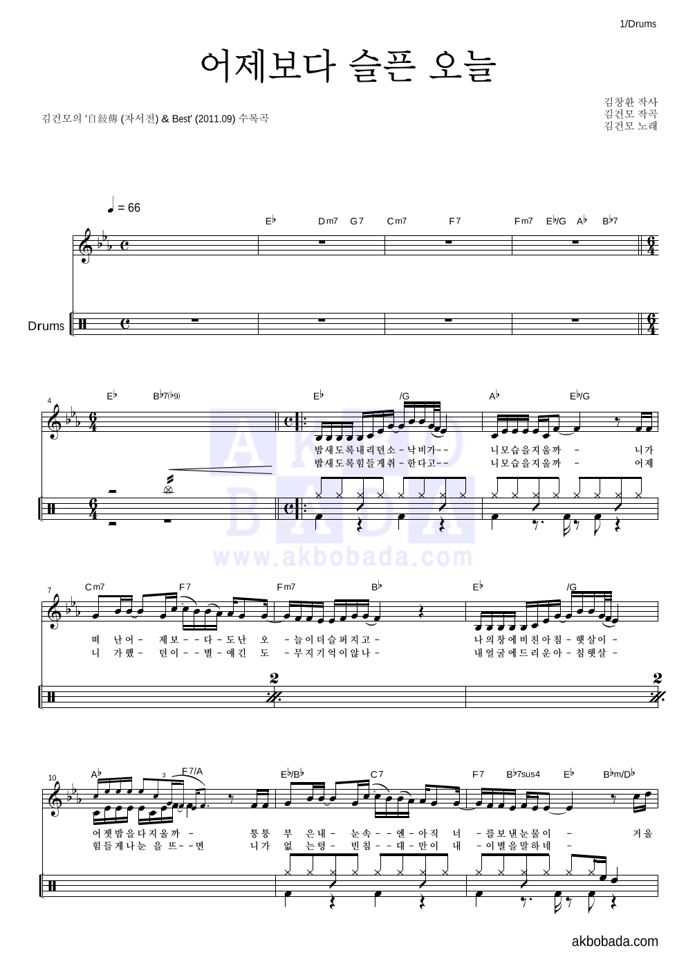 김건모 - 어제보다 슬픈 오늘 드럼 악보 