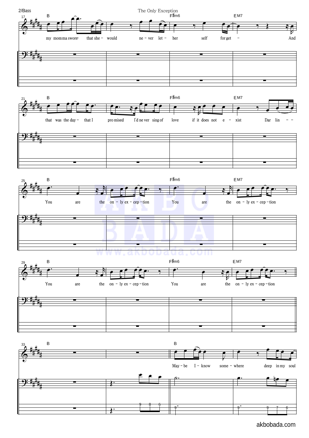 Paramore - The Only Exception 베이스 악보 