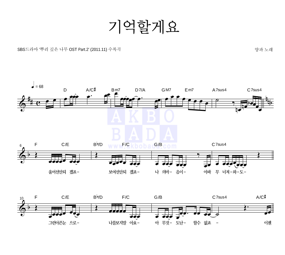 양파 - 기억할게요 멜로디 악보 