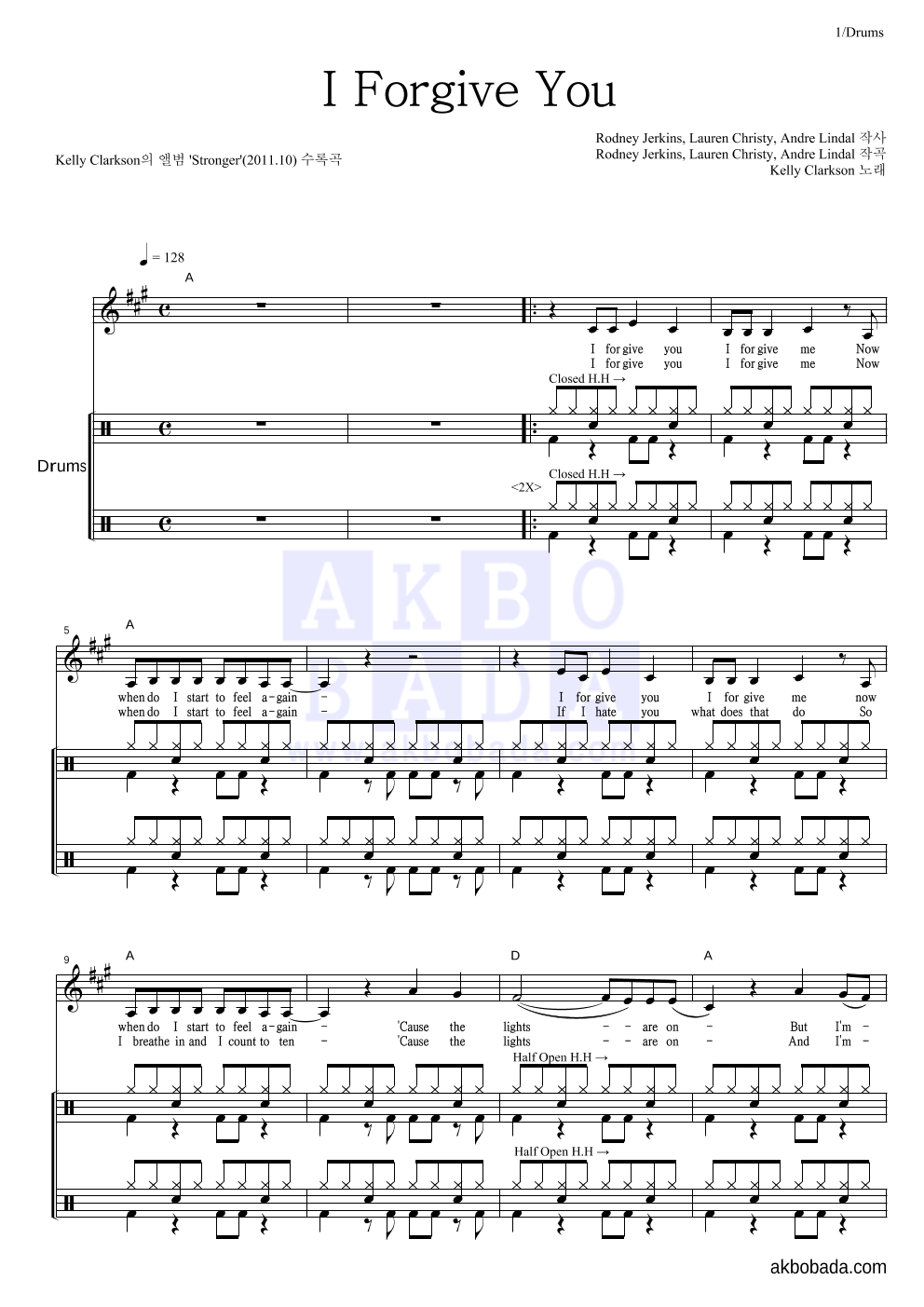 Kelly Clarkson - I Forgive You 드럼 악보 