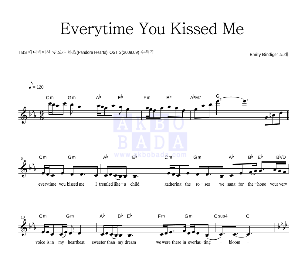 Emily Bindiger - Everytime You Kissed Me 멜로디 악보 