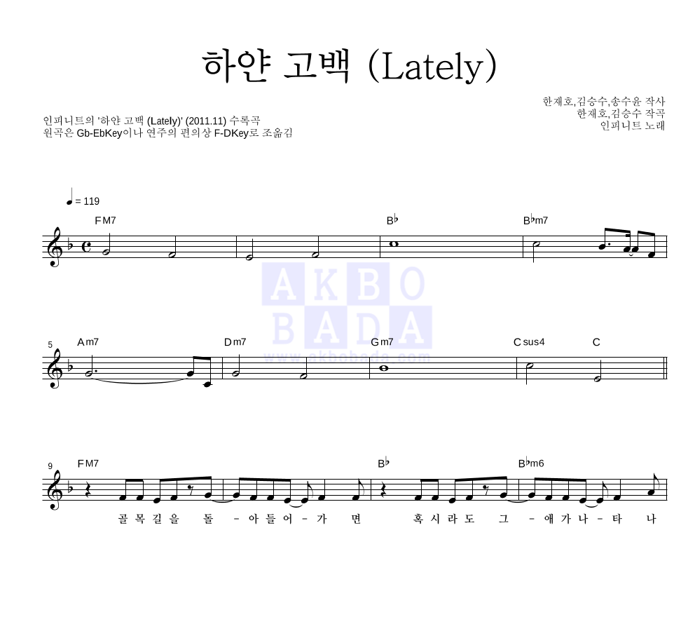 인피니트 - 하얀 고백 (Lately) 멜로디 악보 