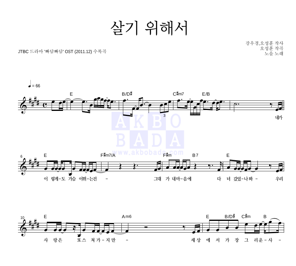 노을 - 살기 위해서 멜로디 악보 