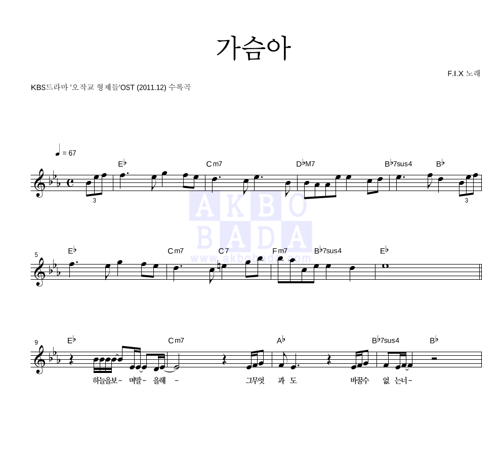 F.I.X(픽스) - 가슴아 멜로디 악보 