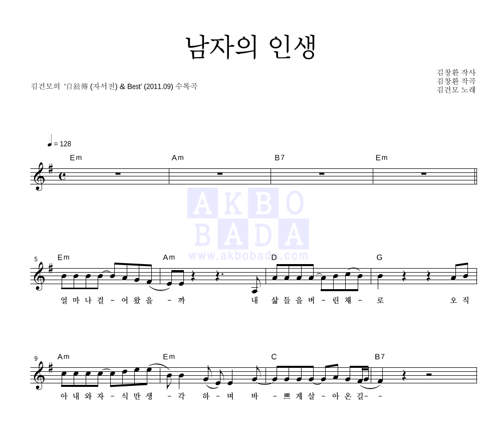 김건모 - 남자의 인생 멜로디 악보 