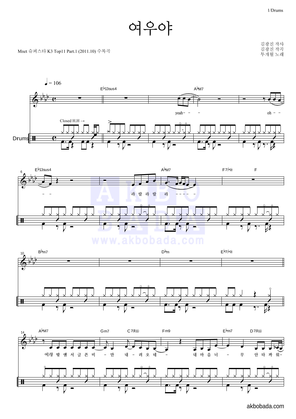 투개월 - 여우야 드럼 악보 