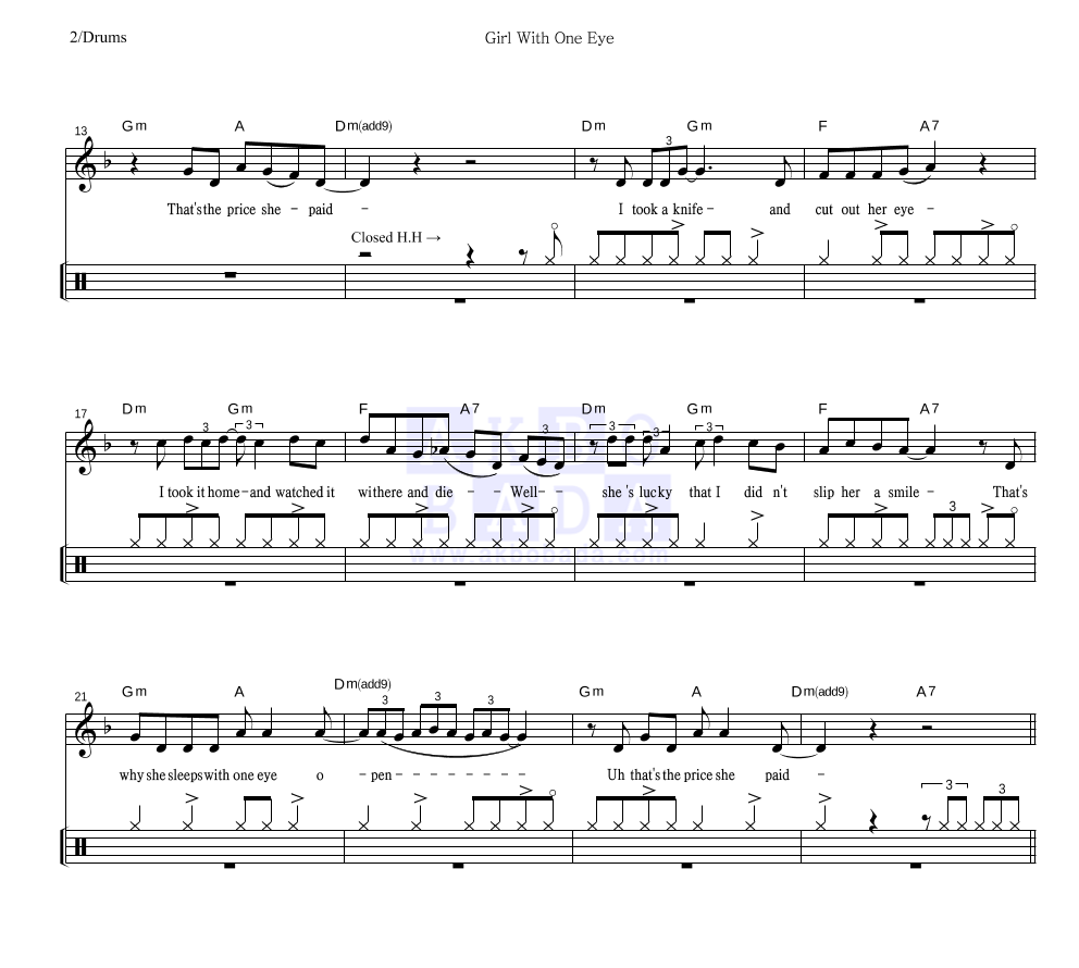 Florence + The Machine - Girl With One Eye 드럼 악보 