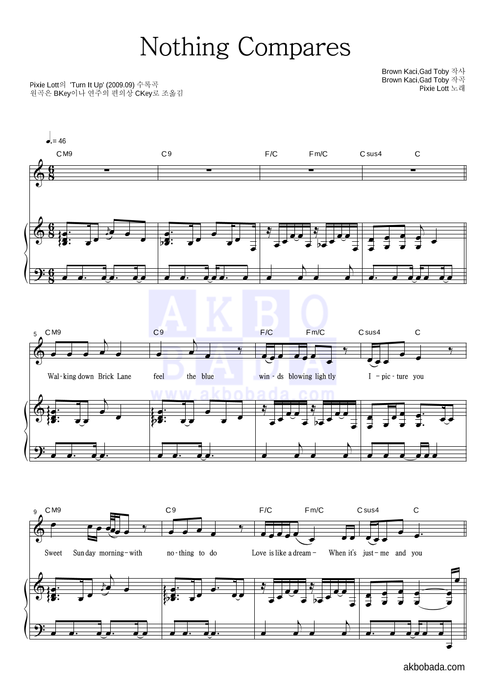 Pixie Lott - Nothing Compares 피아노 3단 악보 