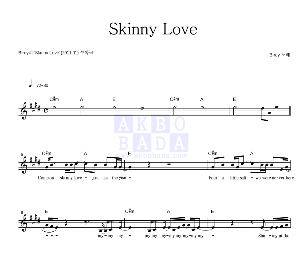 Birdy - Skinny Love 멜로디 악보 