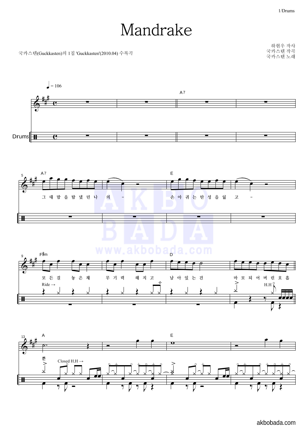 국카스텐 - Mandrake 드럼 악보 