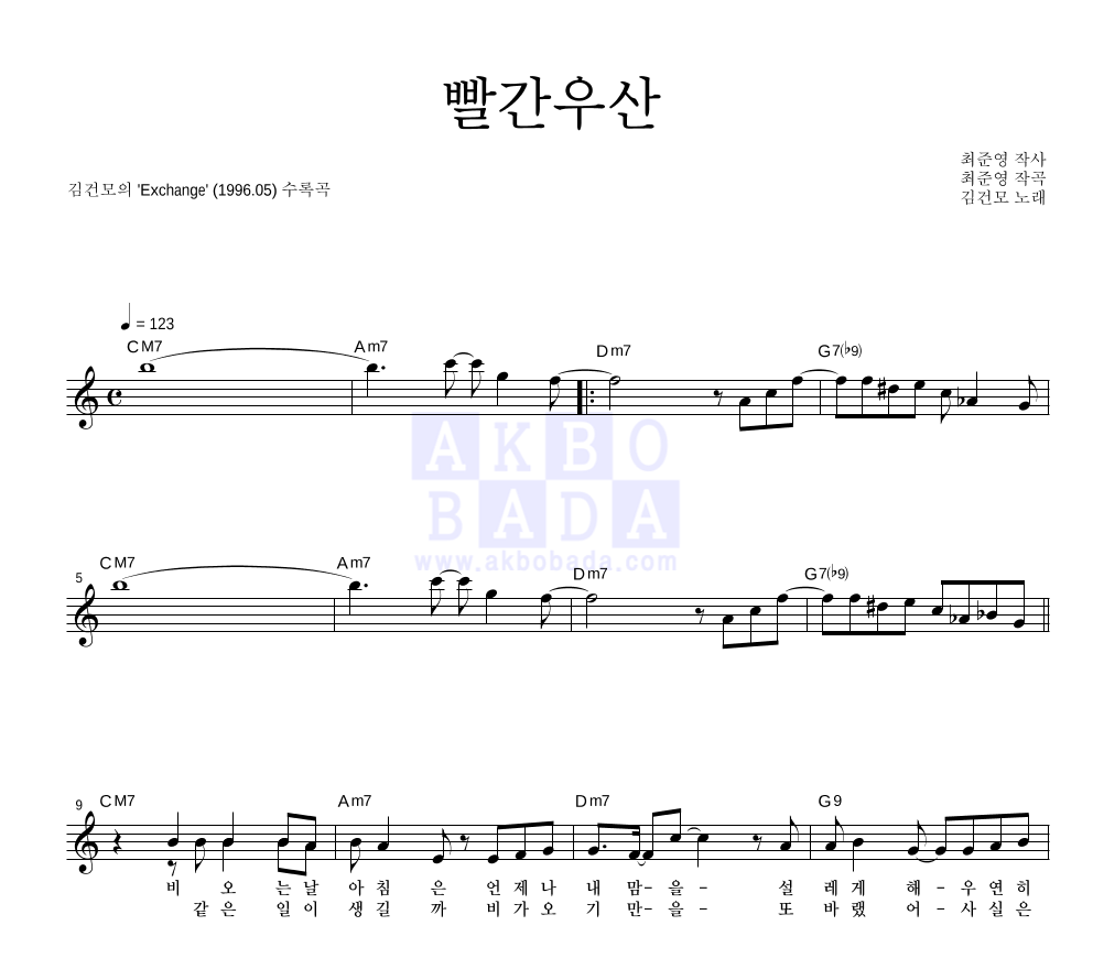 김건모 - 빨간우산 멜로디 악보 