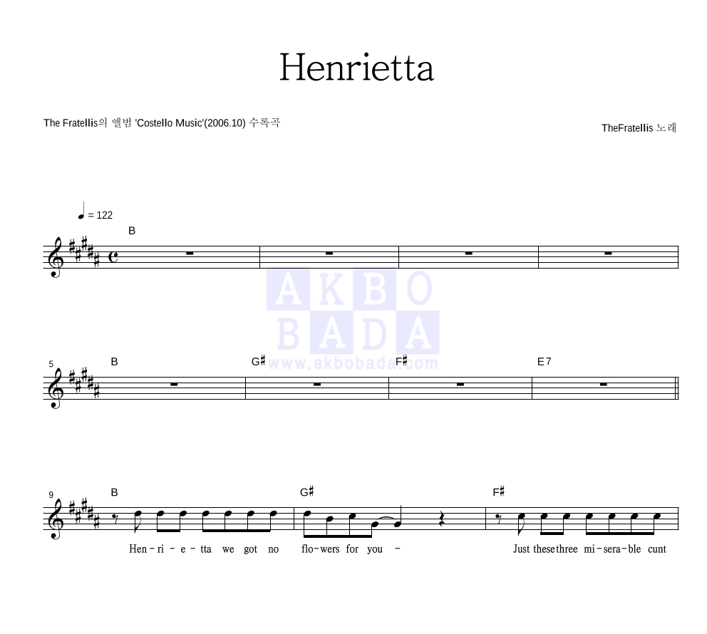 The Fratellis - Henrietta 멜로디 악보 