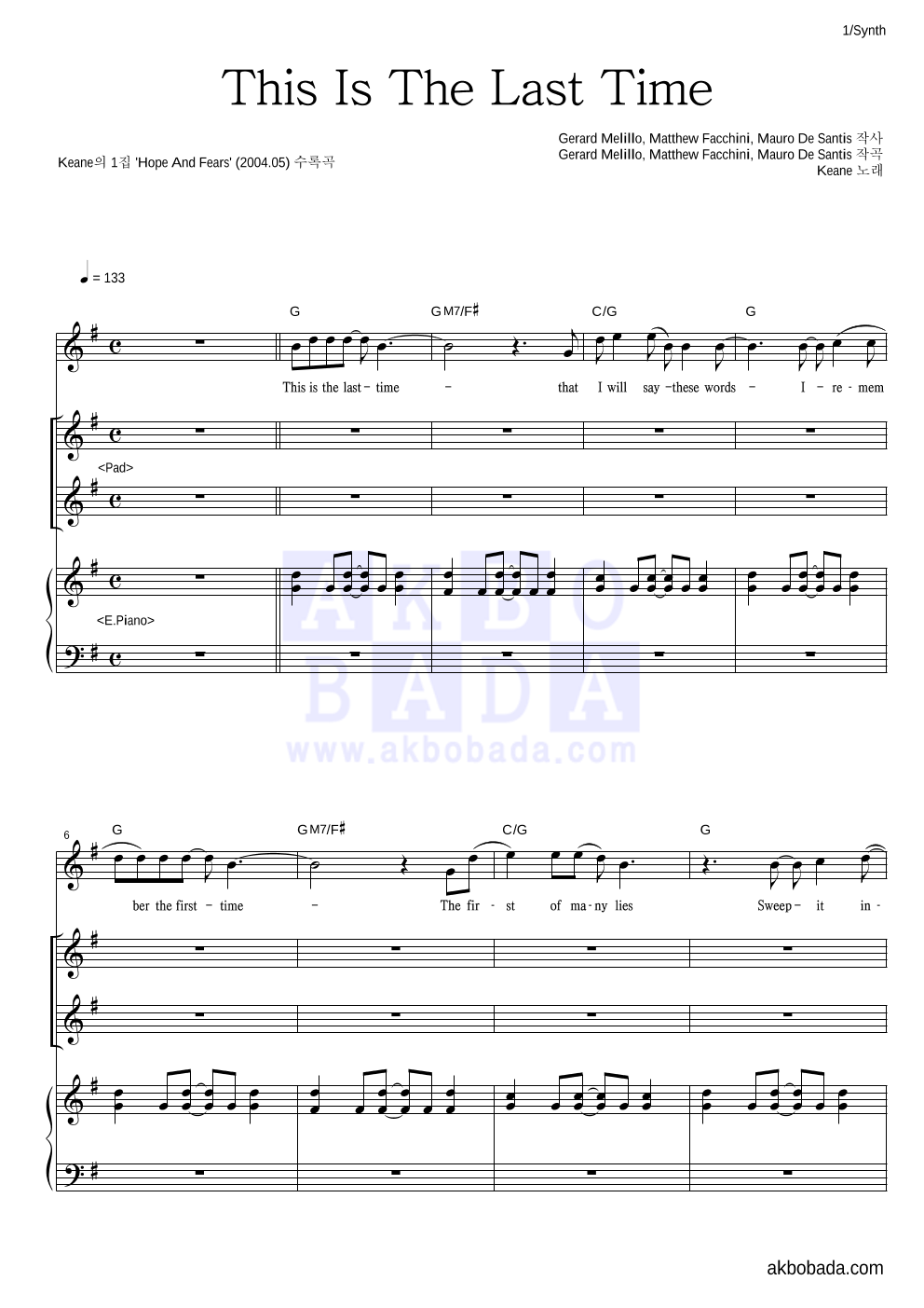 Keane(킨) - This is the Last Time 건반 악보 