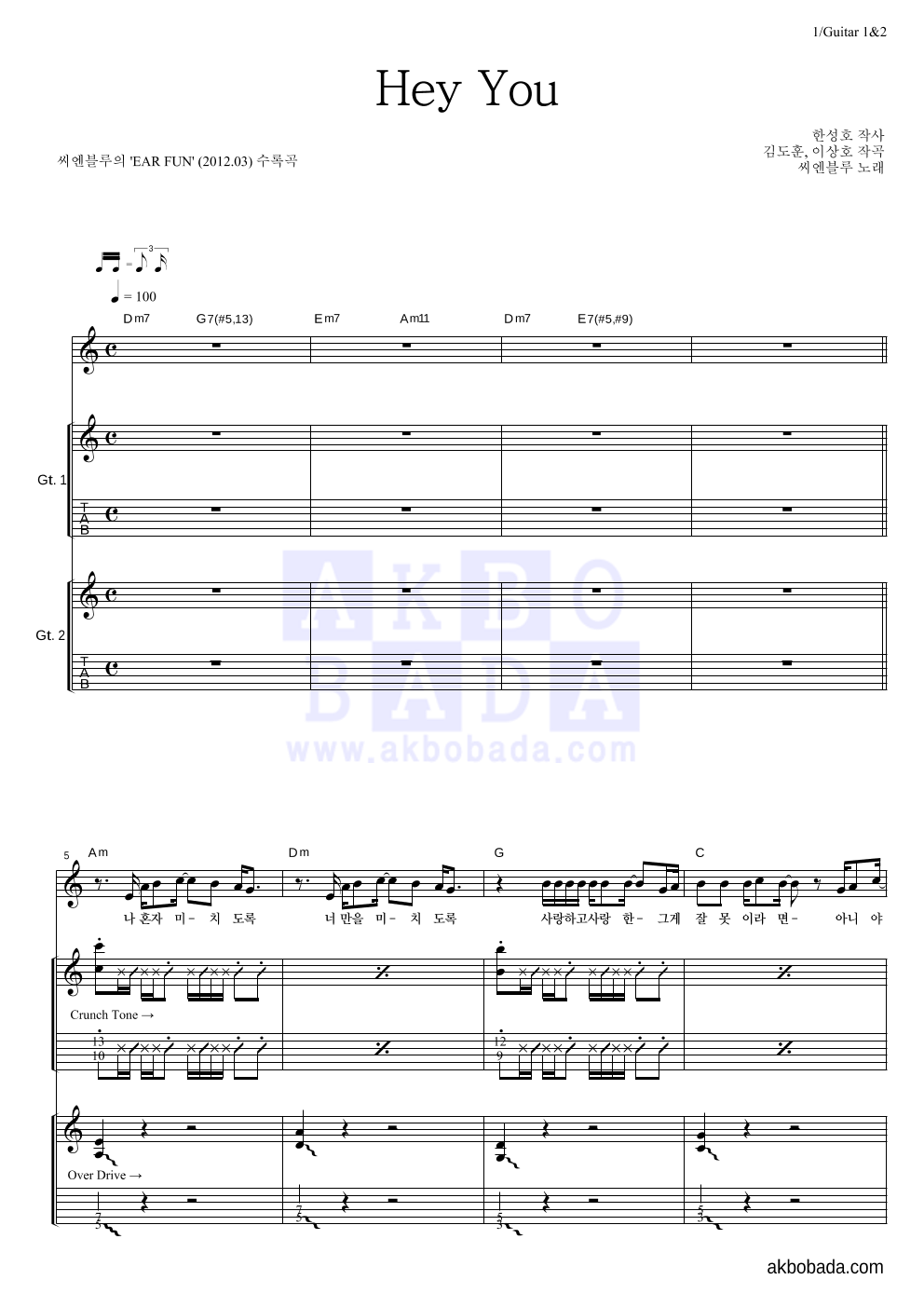 씨엔블루 - Hey You 기타1,2 악보 