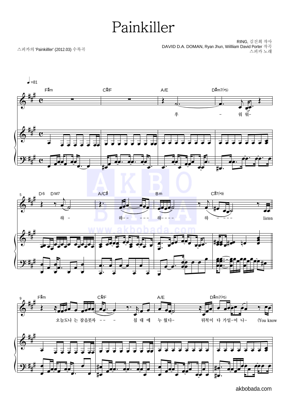 스피카 - Painkiller 피아노 3단 악보 