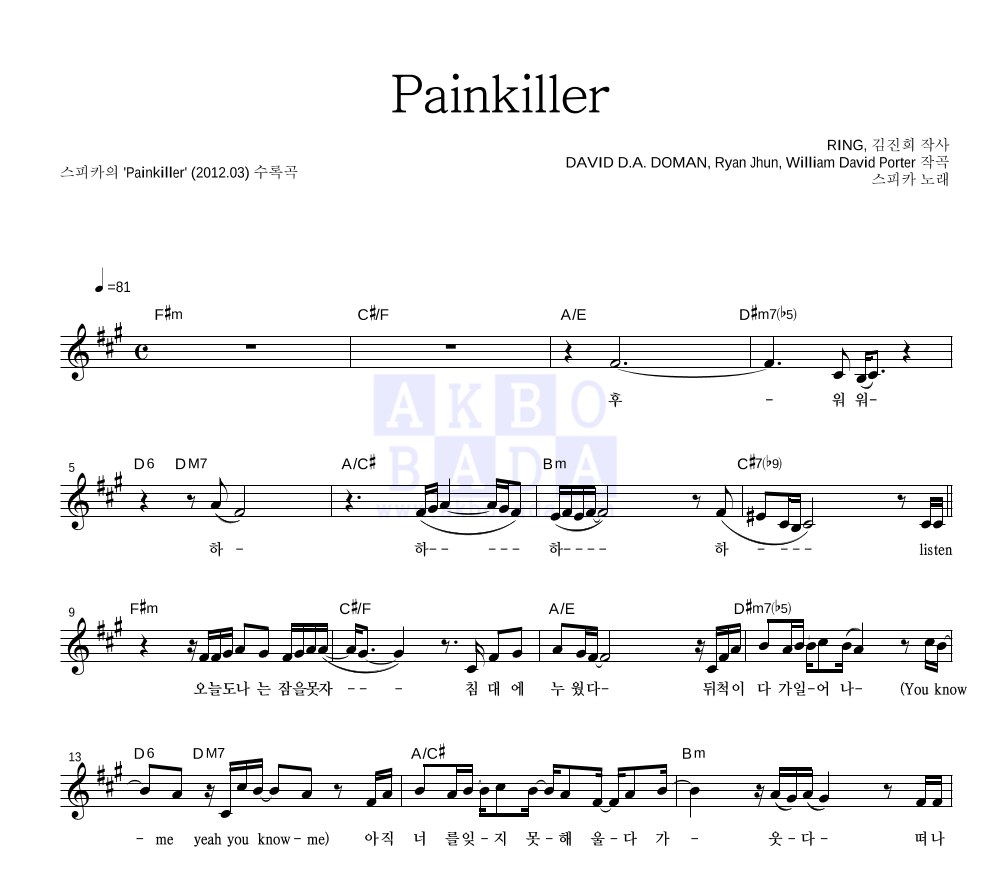 스피카 - Painkiller 멜로디 악보 