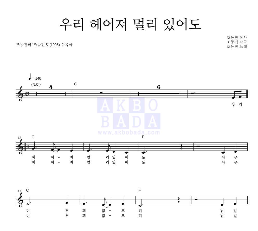 조동진 - 우리 헤어져 멀리 있어도 멜로디 악보 