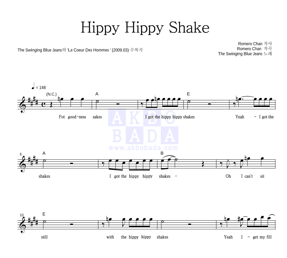 The Swinging Blue Jeans - Hippy Hippy Shake 멜로디 악보 