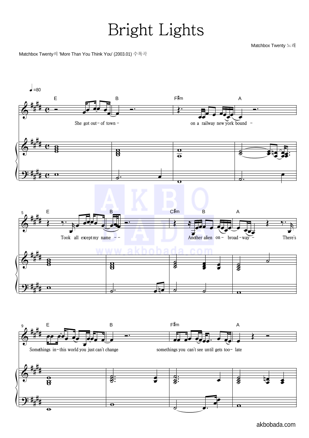 Matchbox Twenty Bright Lights 악보 악보바다