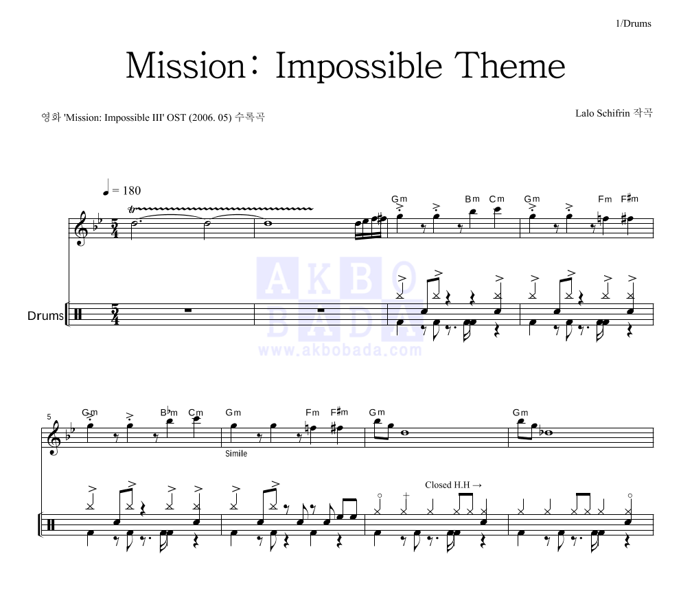 Lalo Schifrin - Mission: Impossible Theme 드럼 악보 