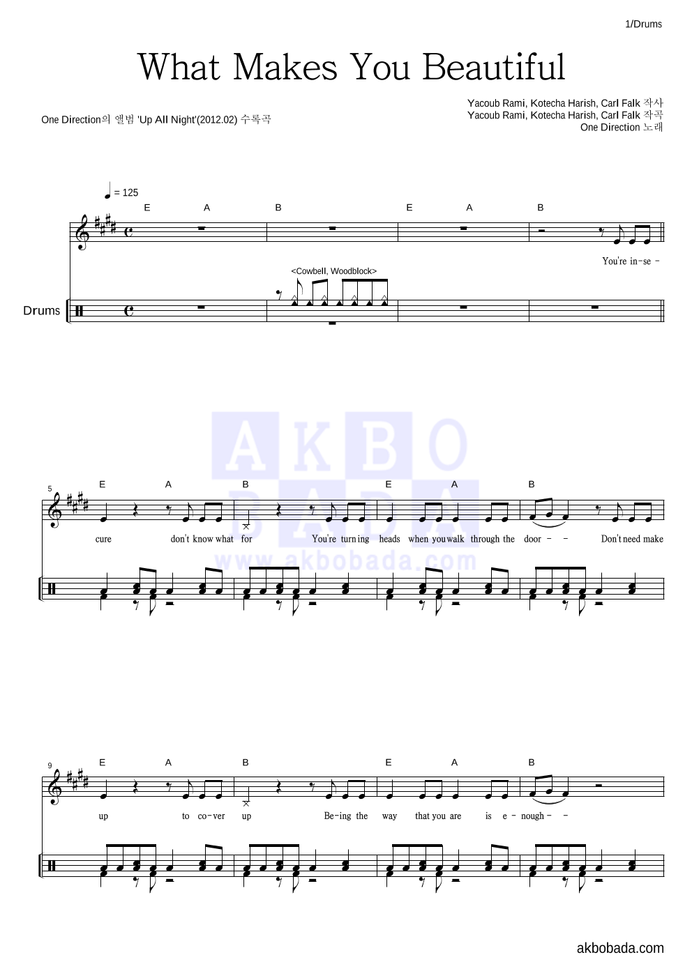 One Direction - What Makes You Beautiful 드럼 악보 