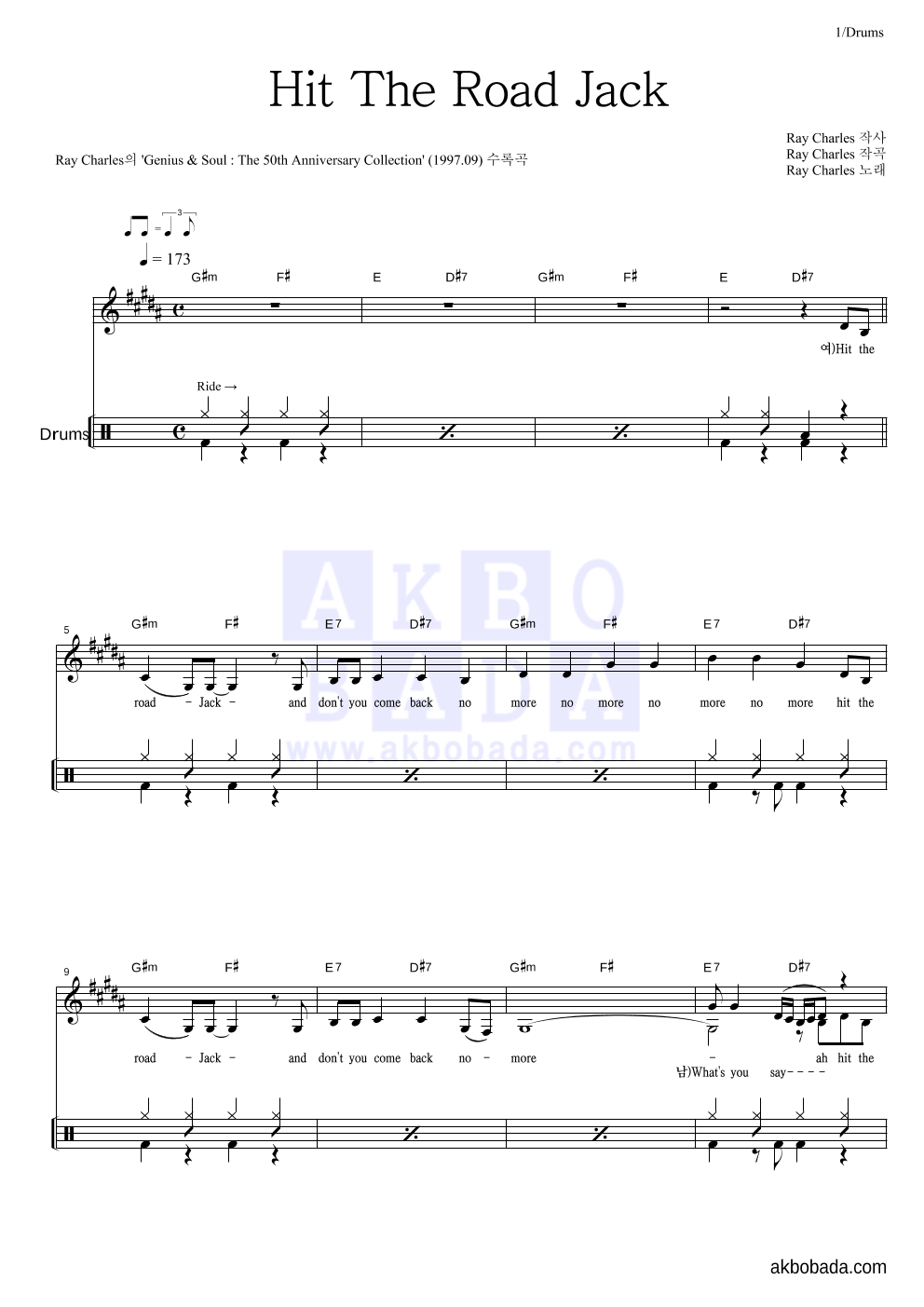Ray Charles - Hit The Road Jack 드럼 악보 
