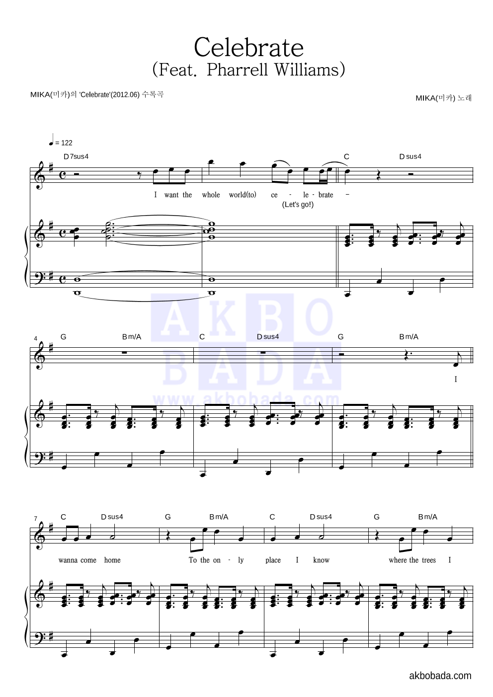 MIKA(미카) - Celebrate (Feat. Pharrell Williams) 피아노 3단 악보 
