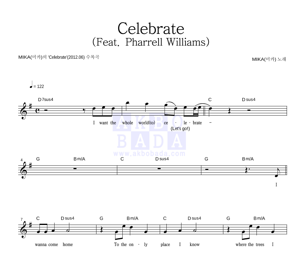 MIKA(미카) - Celebrate (Feat. Pharrell Williams) 멜로디 악보 