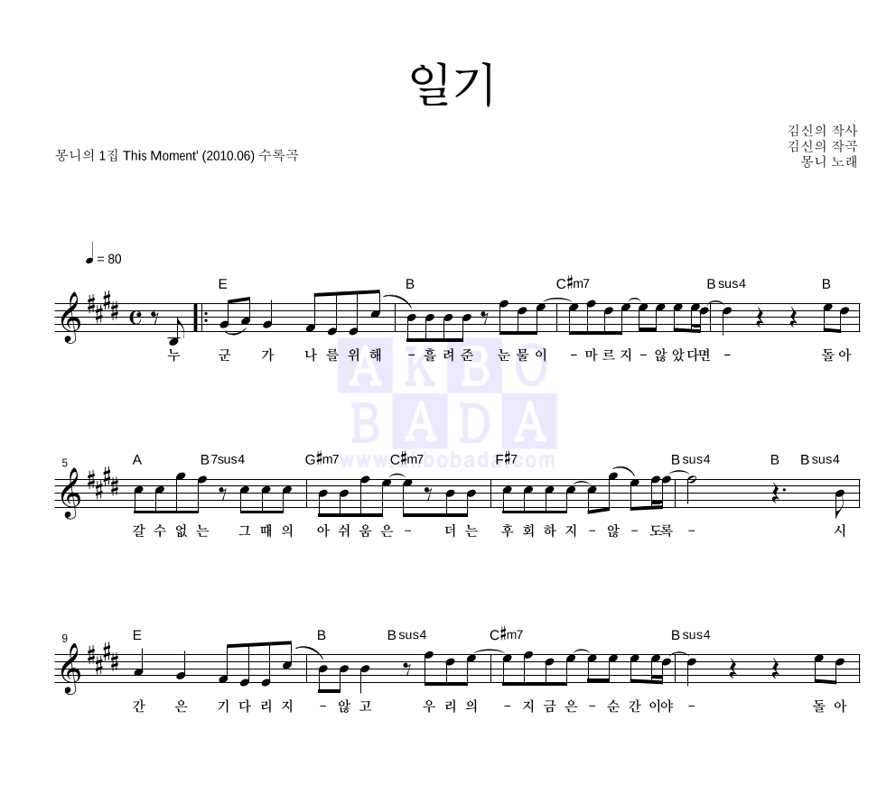 몽니 - 일기 멜로디 악보 