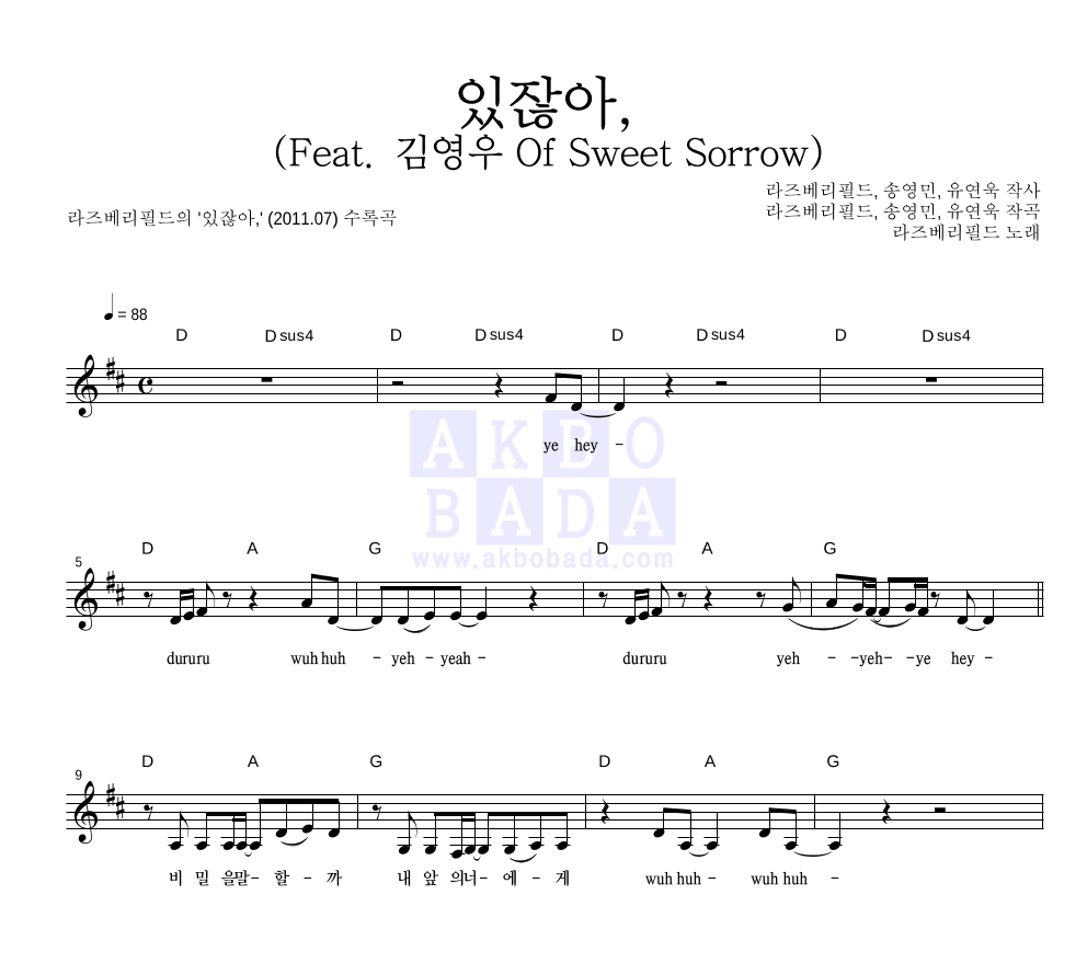 라즈베리필드 - 있잖아, (Feat. 김영우 Of Sweet Sorrow) 멜로디 악보 