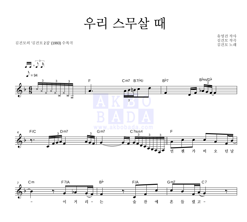 김건모 - 우리 스무살때 멜로디 악보 