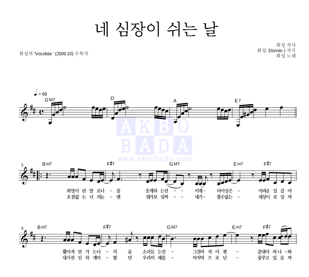 휘성 - 네 심장이 쉬는 날 멜로디 악보 