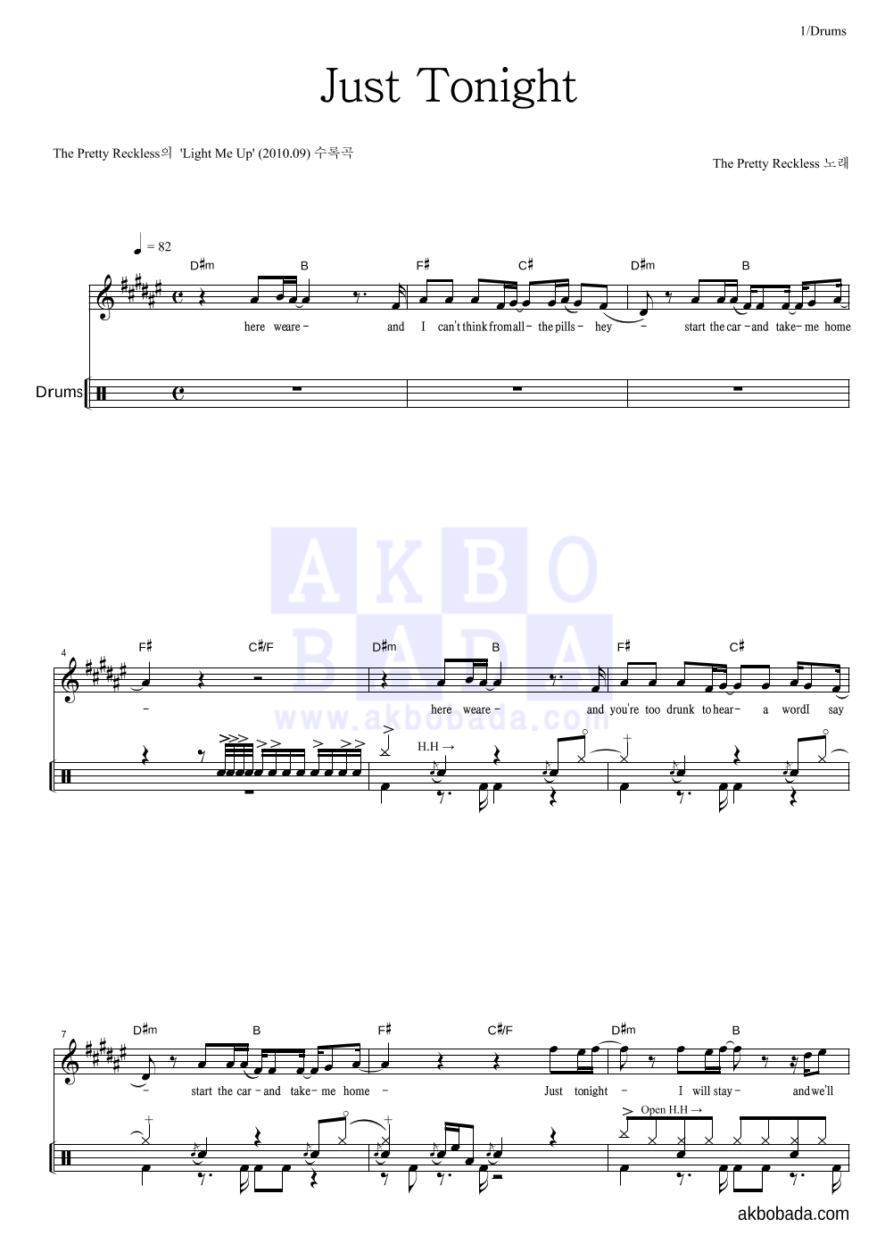 The Pretty Reckless - Just Tonight 드럼 악보 