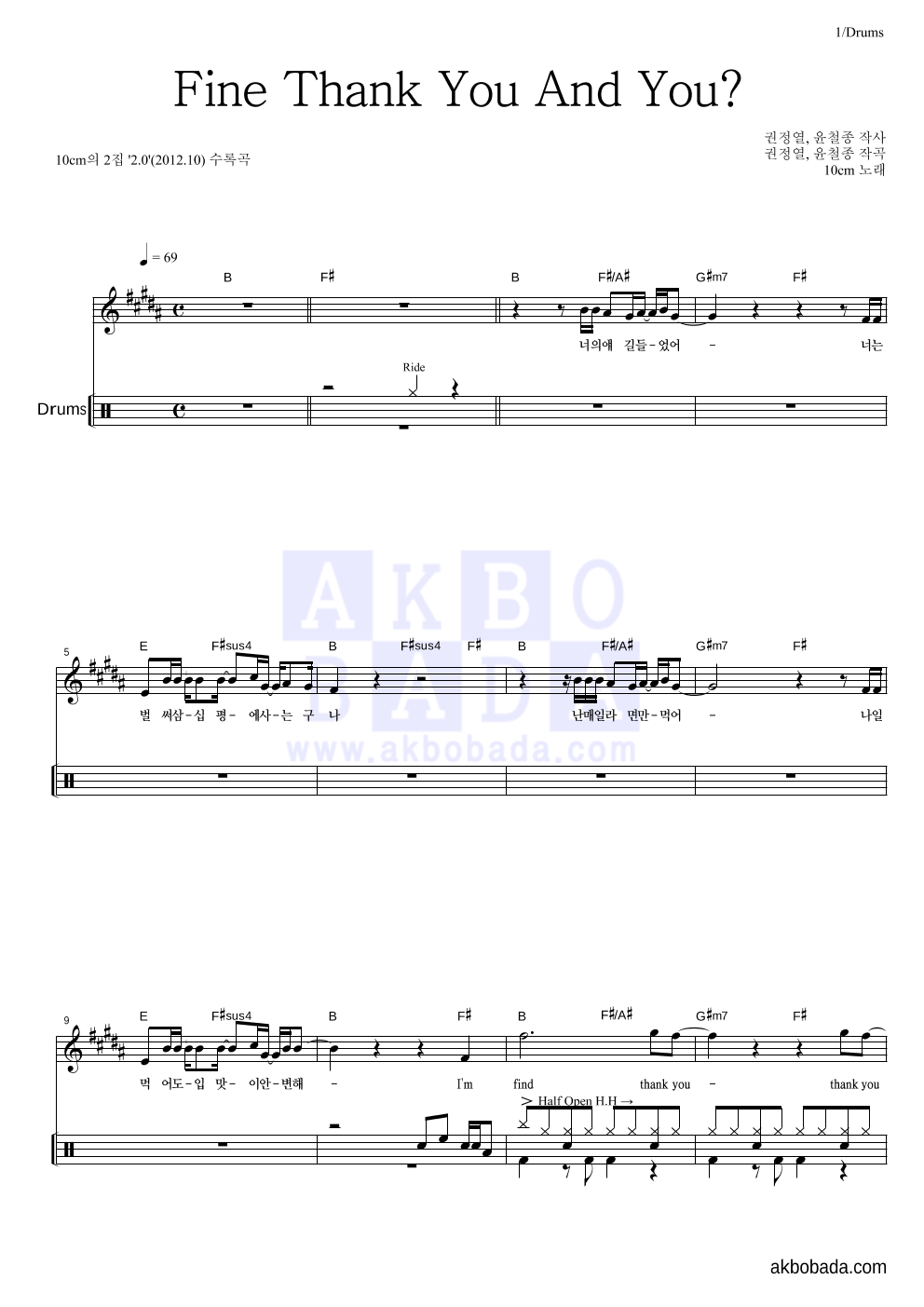 10CM - Fine Thank You And You? 드럼 악보 