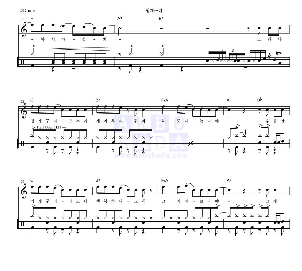 로이킴 - 청개구리 드럼 악보 