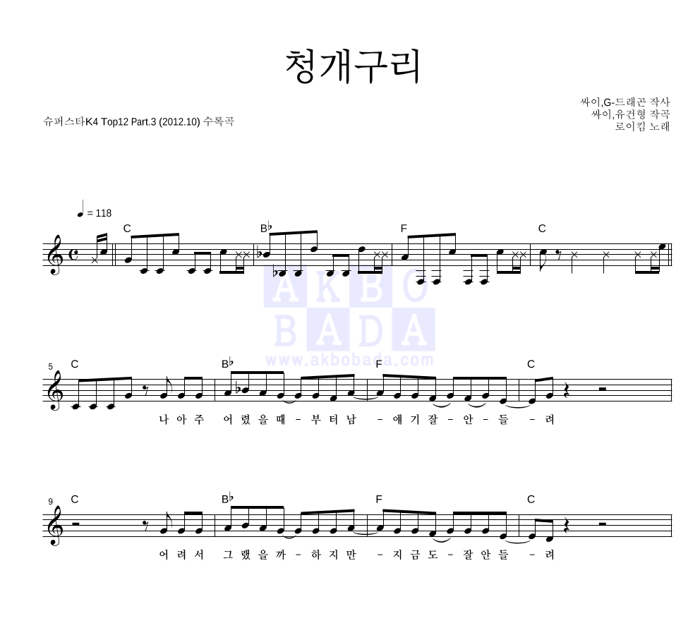 로이킴 - 청개구리 멜로디 악보 