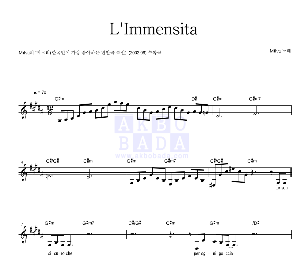 Milva - L'immensita 멜로디 악보 