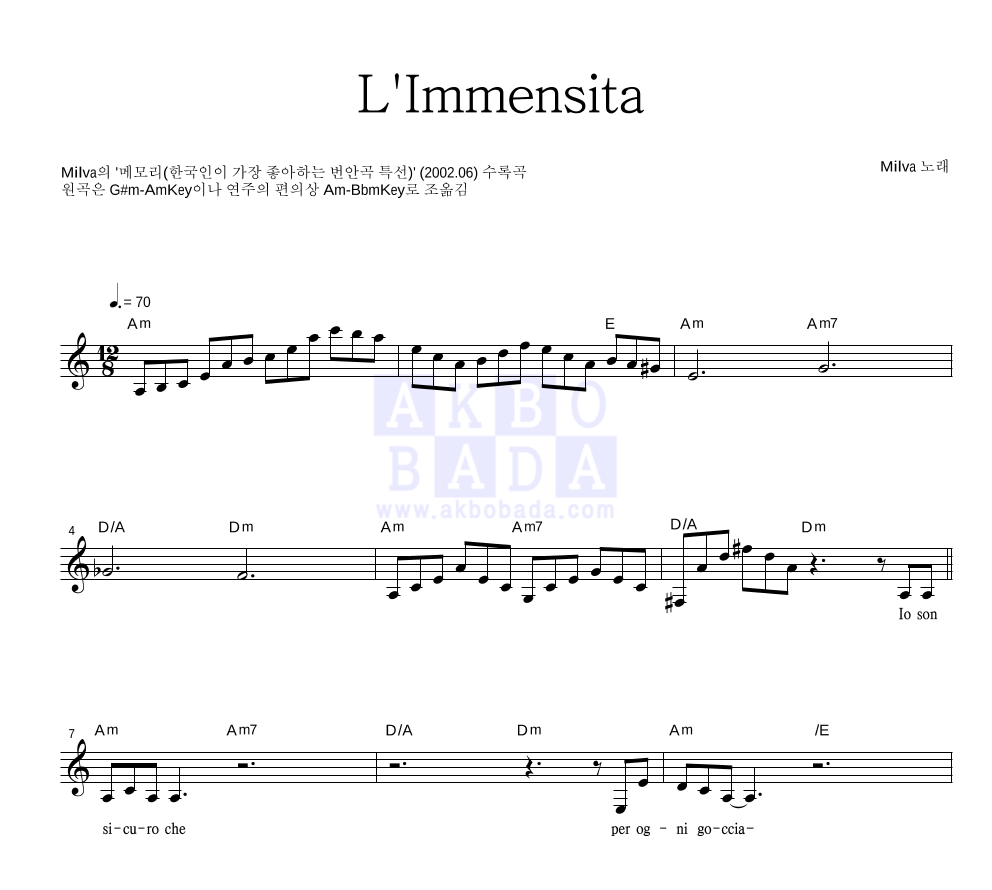 Milva - L'immensita 멜로디 악보 