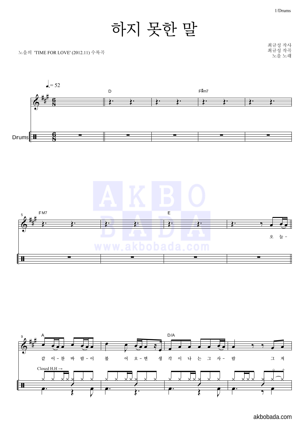 노을 - 하지 못한 말 드럼 악보 