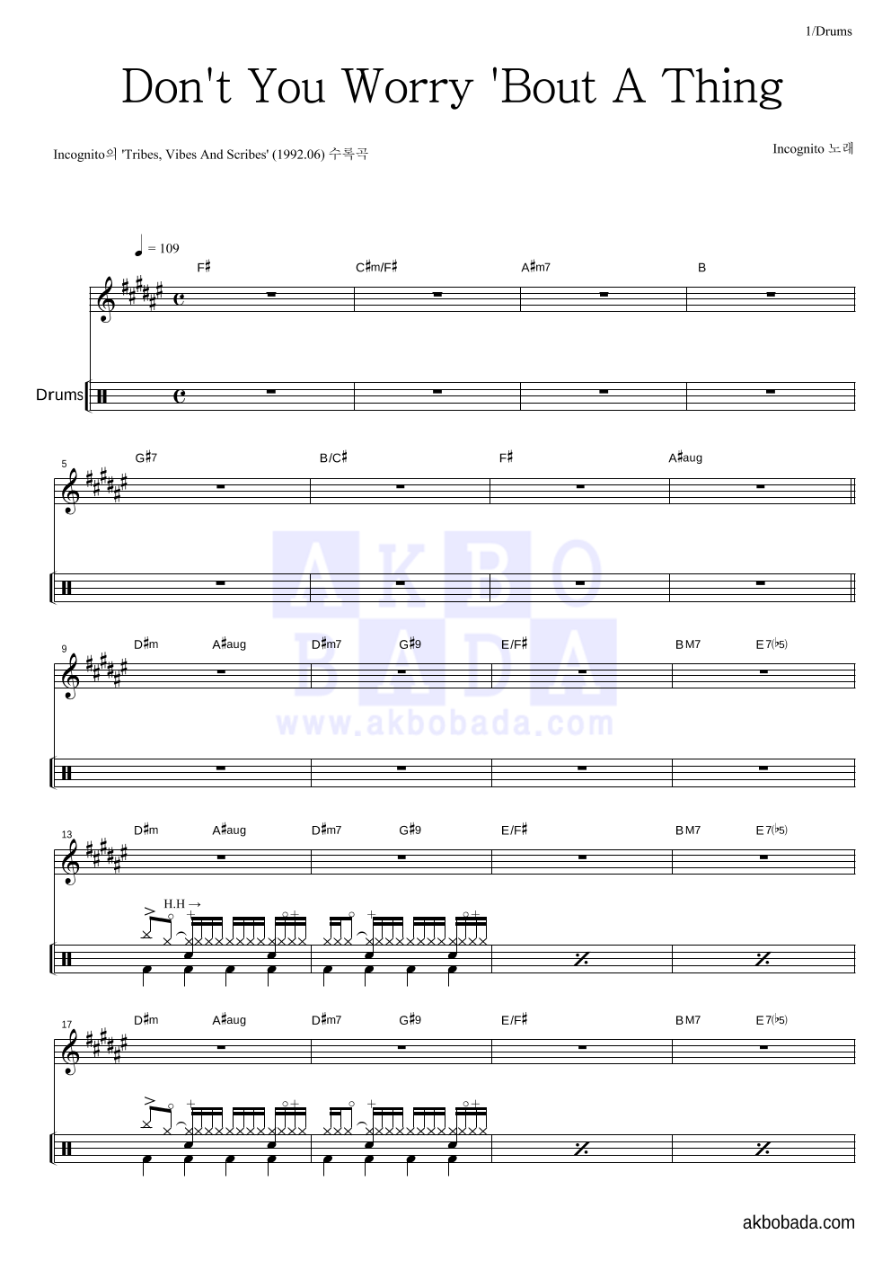 Incognito - Don't You Worry 'Bout A Thing 드럼 악보 