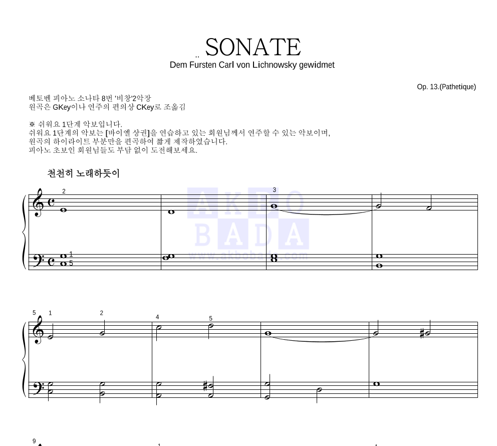 베토벤 - 비창 SONATE 2악장 피아노2단-쉬워요 악보 