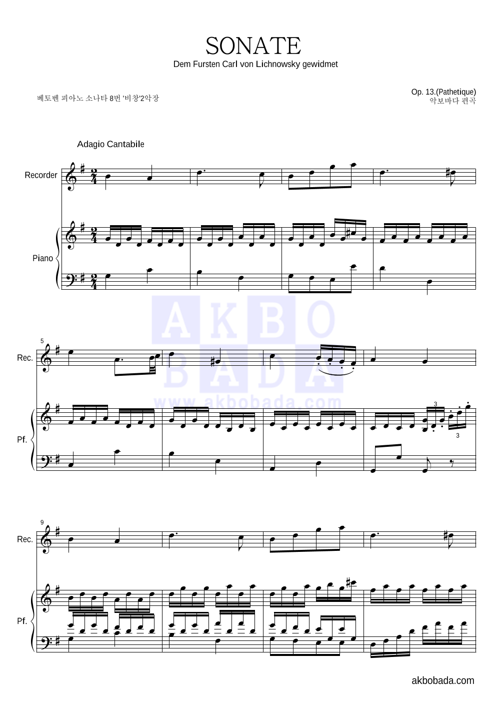 베토벤 - 비창 SONATE 2악장 리코더&피아노 악보 