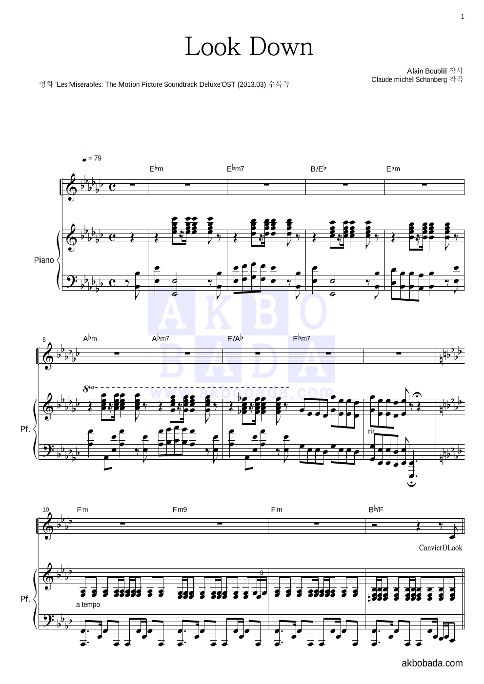 Hugh Jackman, Russell Crowe,  The Convicts - Look Down 피아노 3단 악보 