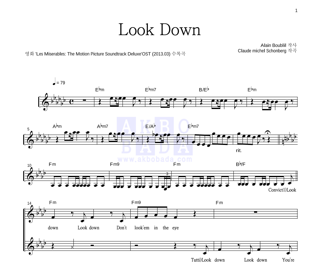 Hugh Jackman, Russell Crowe,  The Convicts - Look Down 멜로디 악보 