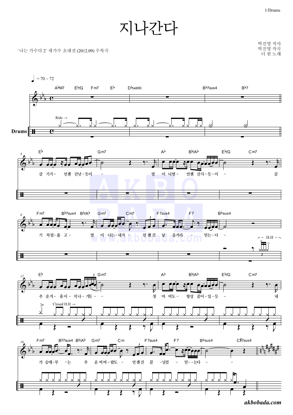 더 원 - 지나간다 (원곡가수 김범수) 드럼 악보 