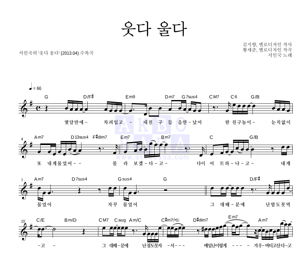 서인국 - 웃다 울다 멜로디 악보 