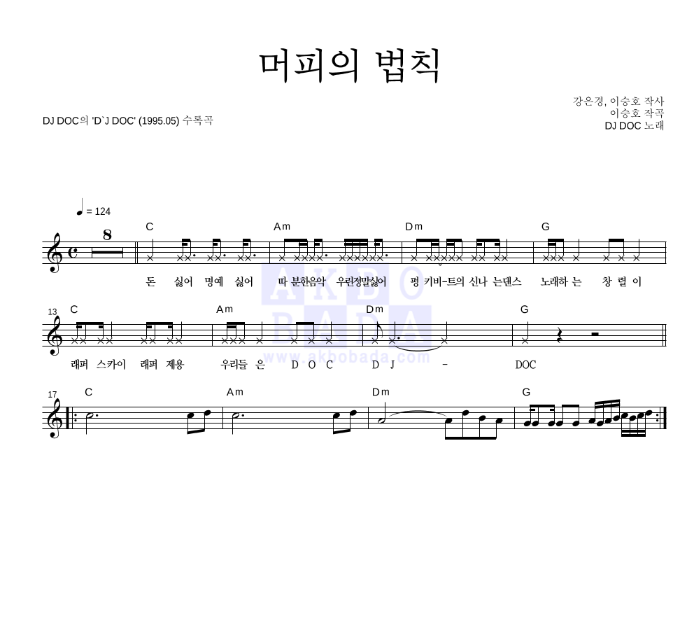 DJ DOC - 머피의 법칙 멜로디 악보 