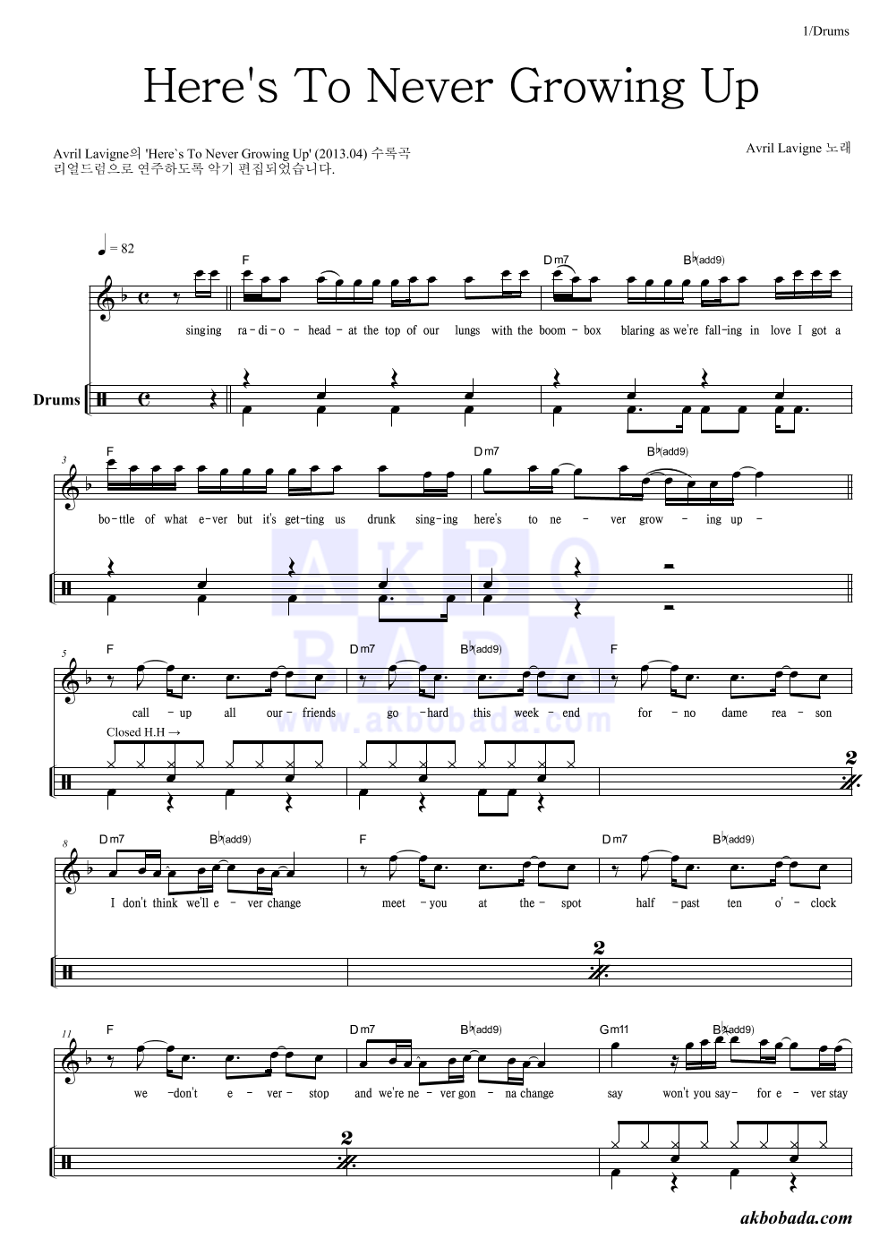 Avril Lavigne - Here's To Never Growing Up 드럼 악보 