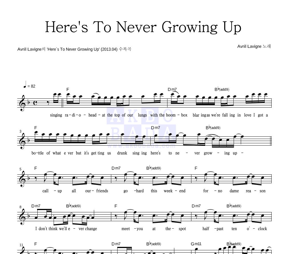 Avril Lavigne - Here's To Never Growing Up 멜로디 악보 