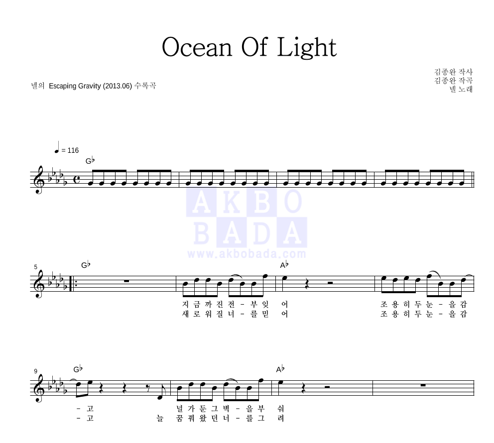 Ocean Of Light 멜로디 악보 미리보기